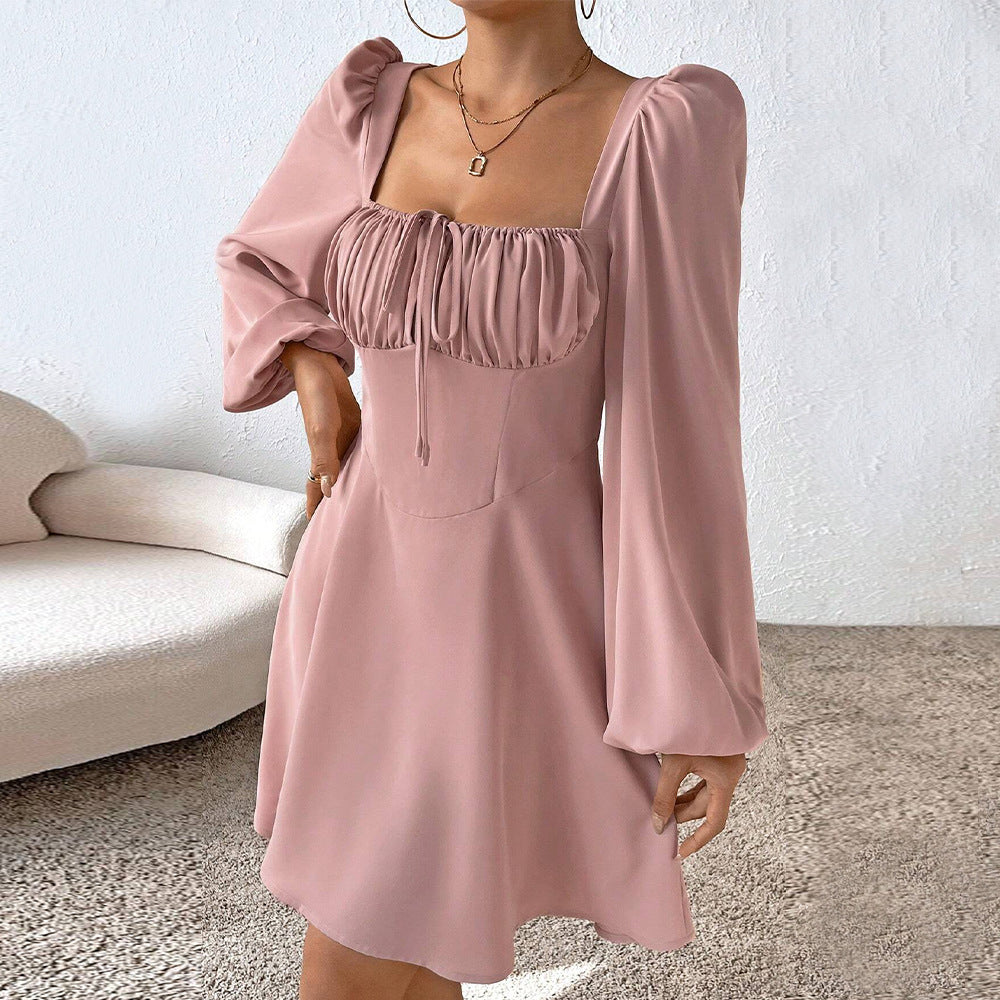 Pink Square Neck Centre Tie Up Dress