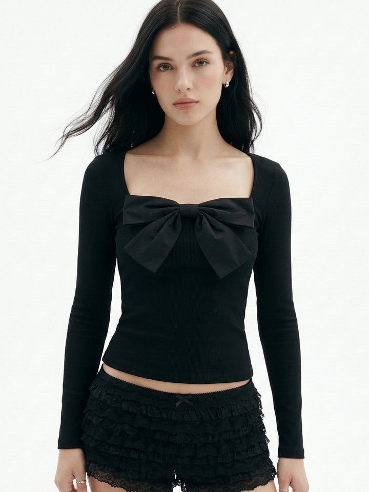 Black Full Sleeve Bow Detail Top
