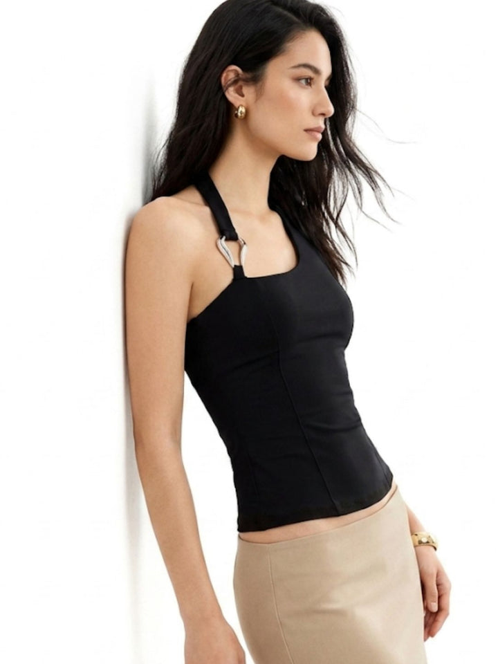 Black Halter Neck Buckle Top