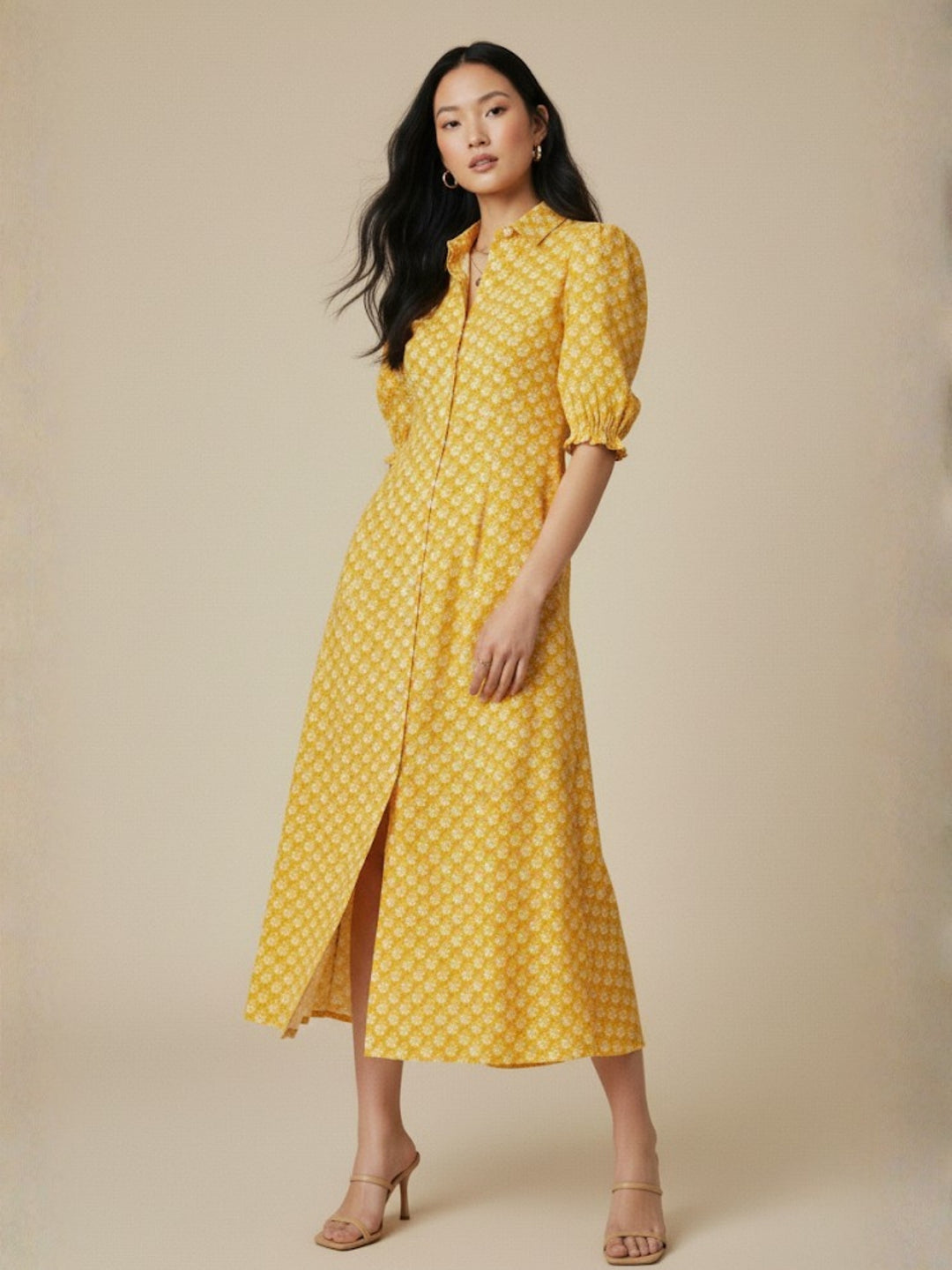 Yellow Fit And Flare Half Sleeves Schiffli Midi Dress