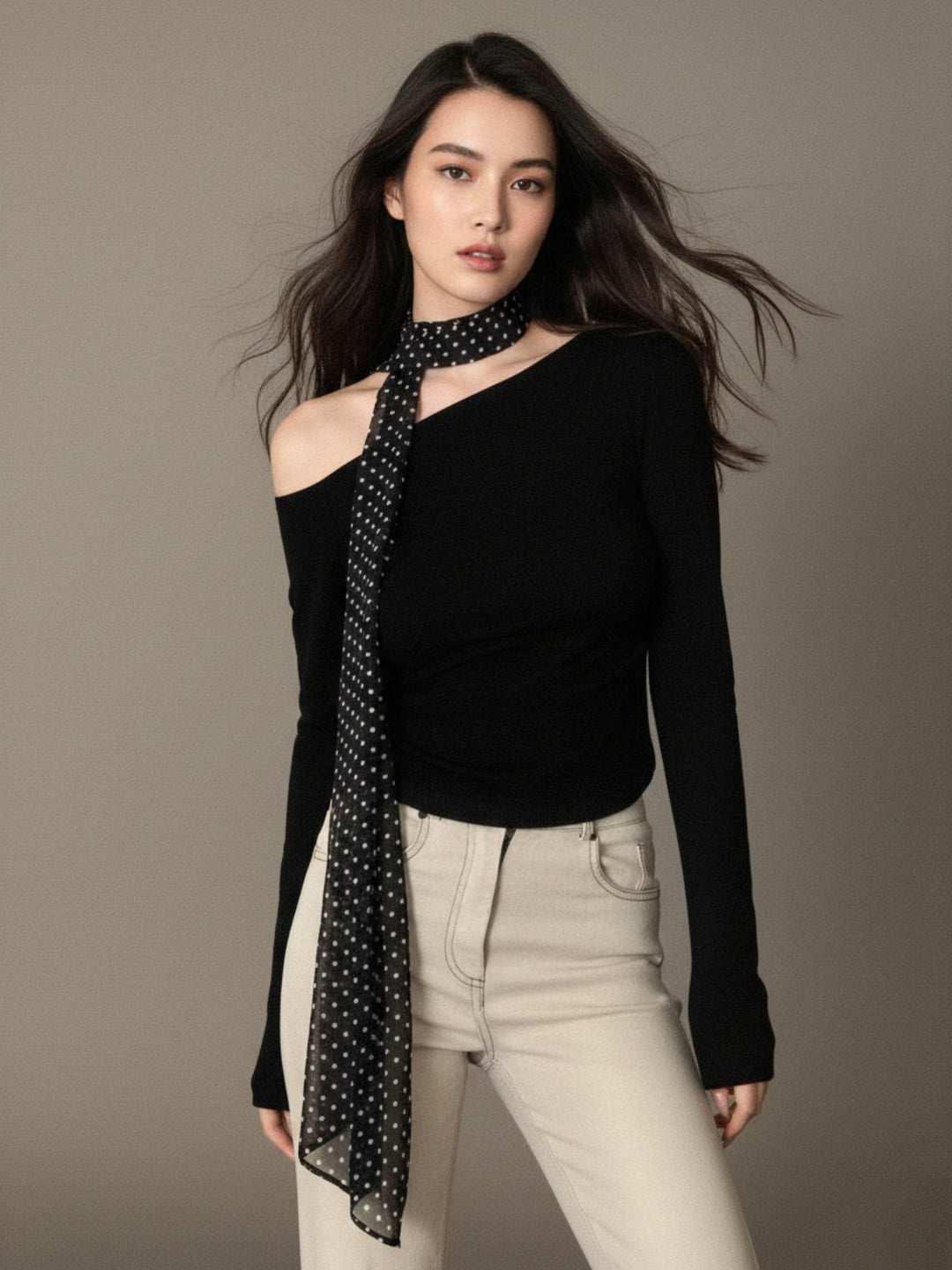 Black Neck Scarf Detail Off Shoulder Top
