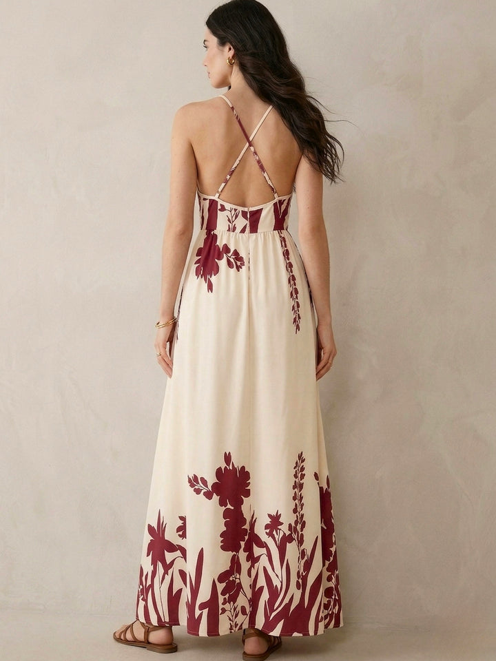 Cream Plunge Neck Placement Printed Dress
