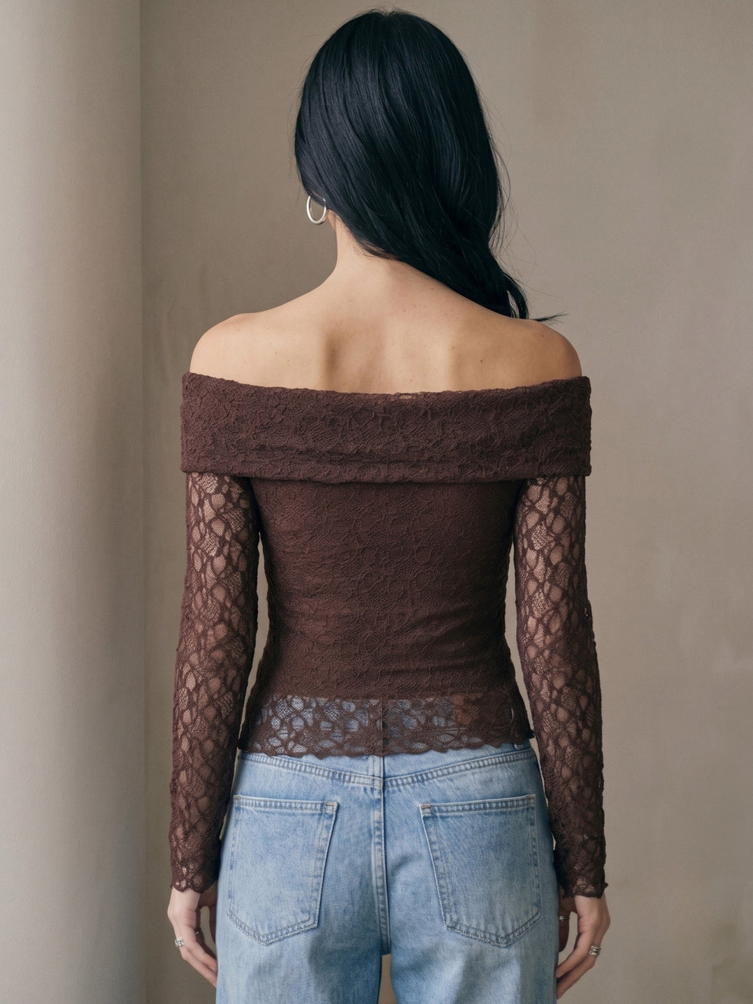 Brown Off-Shoulder Fitted Lace Top