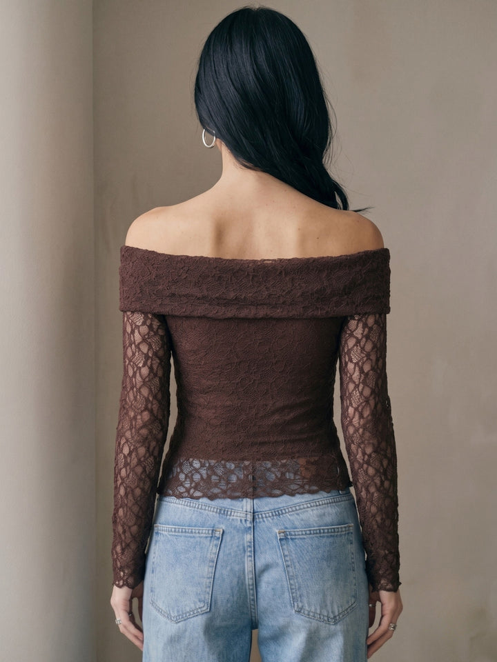 Brown Off-Shoulder Fitted Lace Top