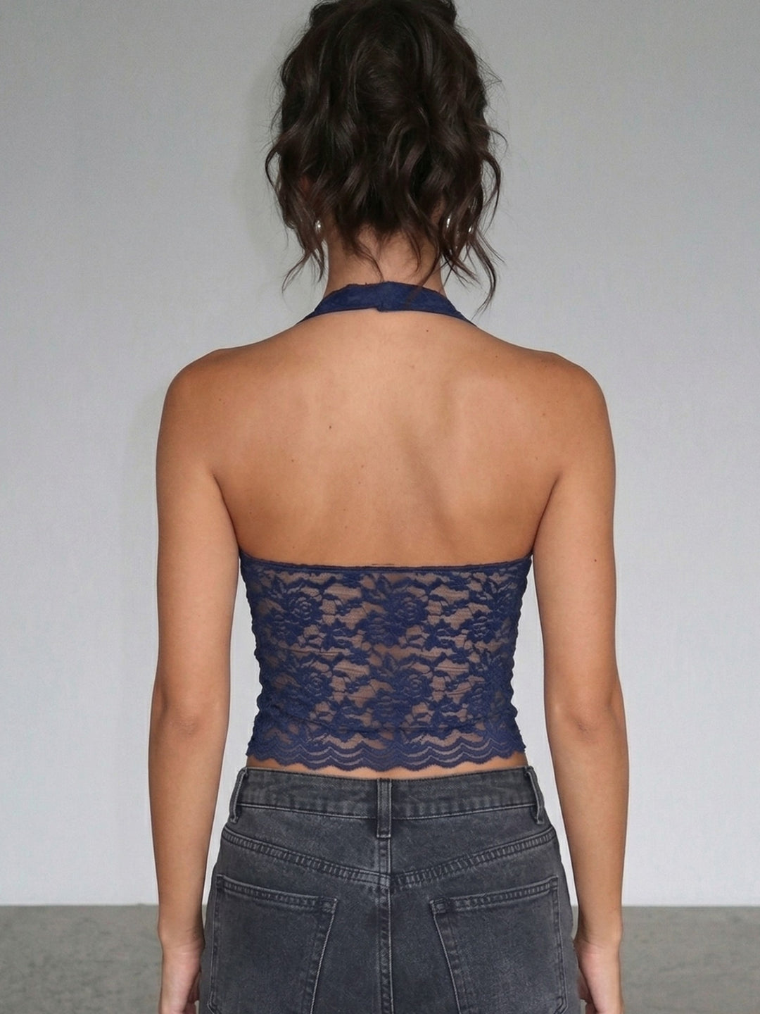 Blue Halter Neck Lace Detail Tank