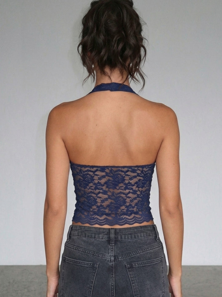 Blue Halter Neck Lace Detail Tank