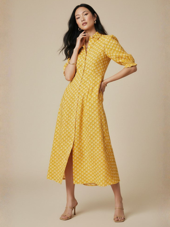 Yellow Fit And Flare Half Sleeves Schiffli Midi Dress