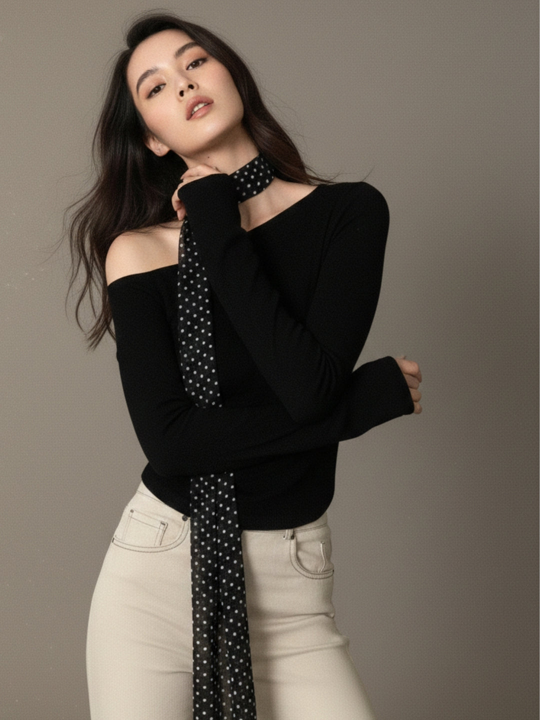 Black Neck Scarf Detail Off Shoulder Top