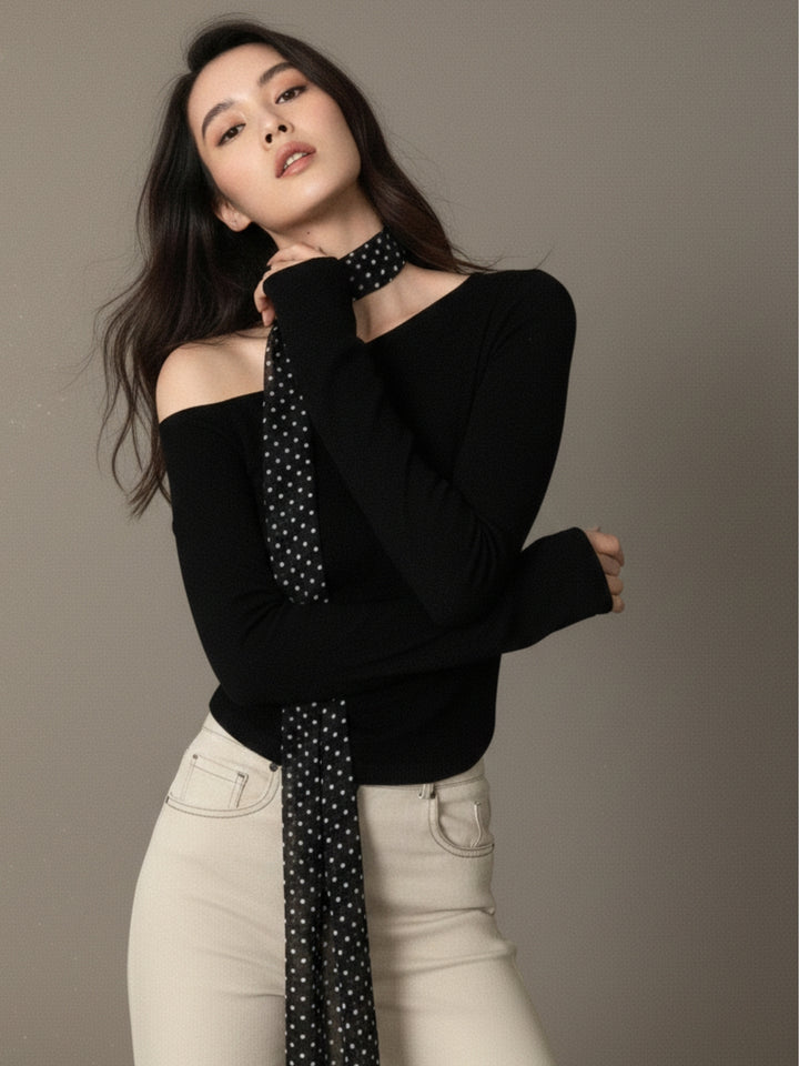 Black Neck Scarf Detail Off Shoulder Top