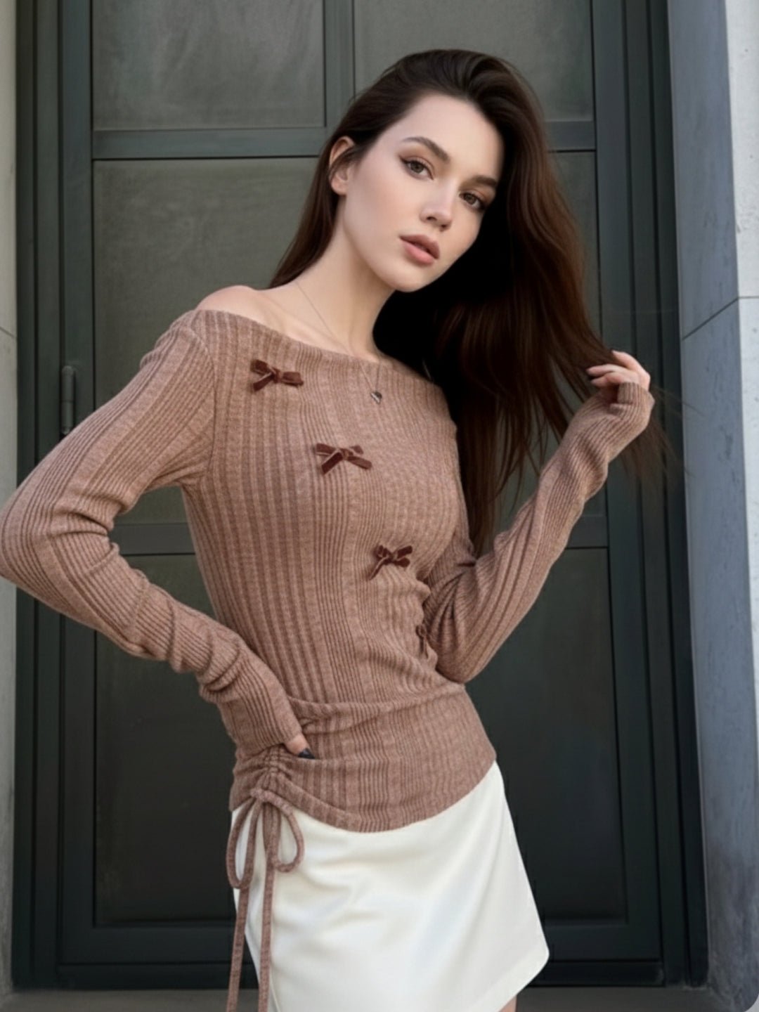 Rust Textured Full Sleeve Bow Detail Top