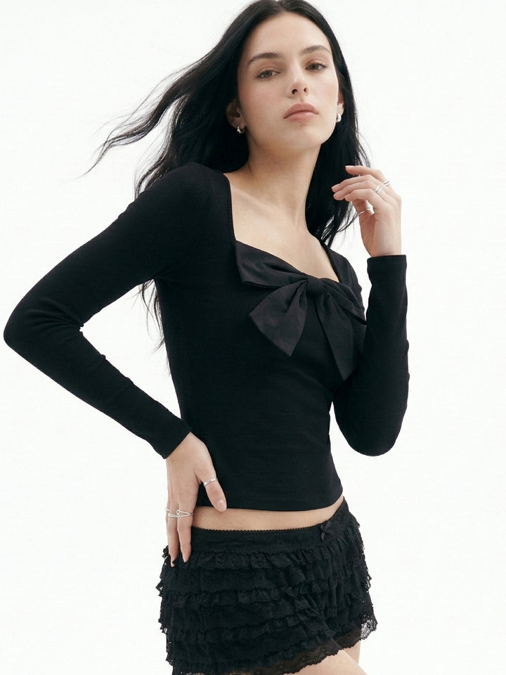 Black Full Sleeve Bow Detail Top