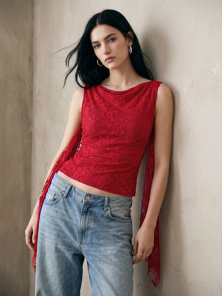 Burgundy Cowl Neck Lace Top