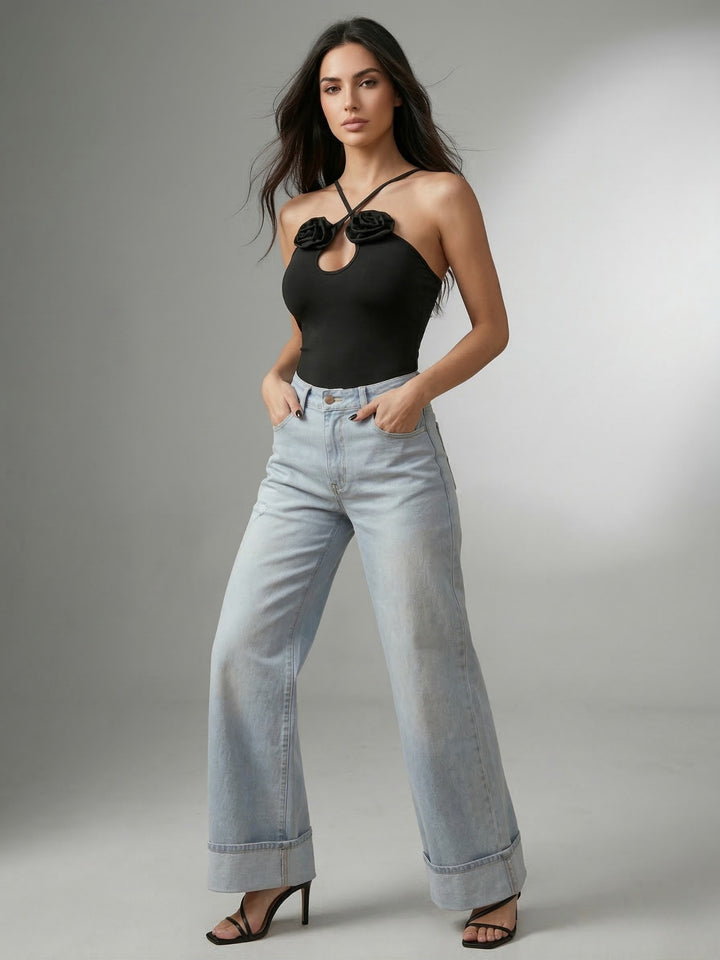 Black Cross Halter Corsage Bodysuits
