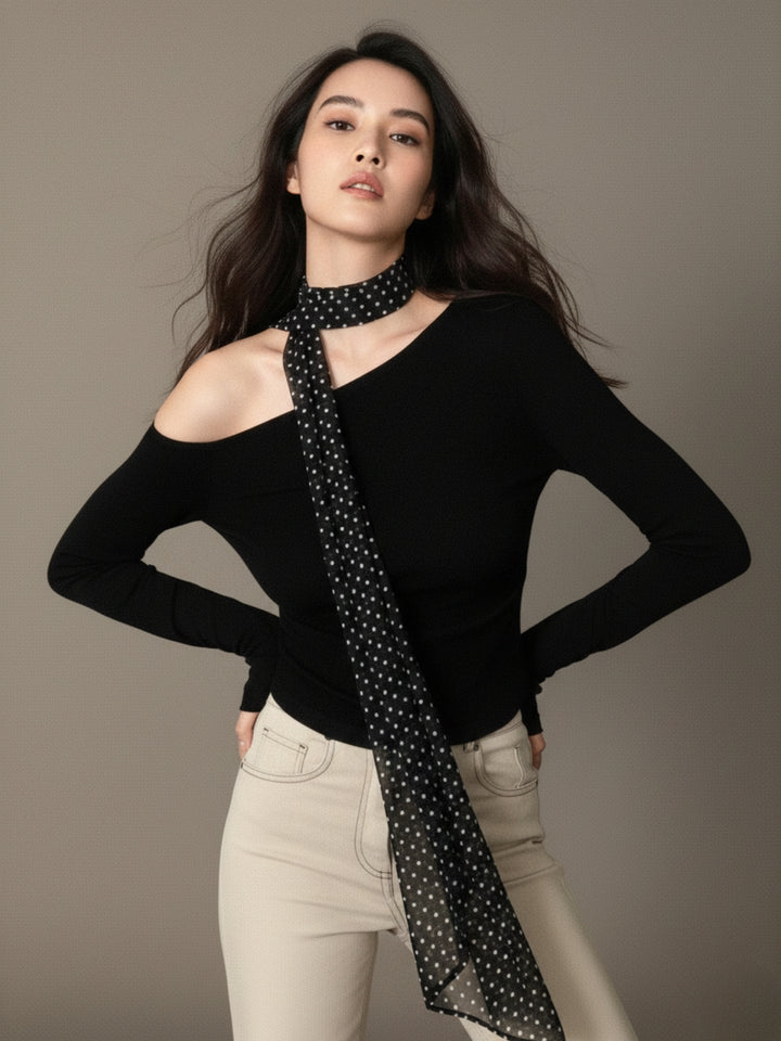 Black Neck Scarf Detail Off Shoulder Top