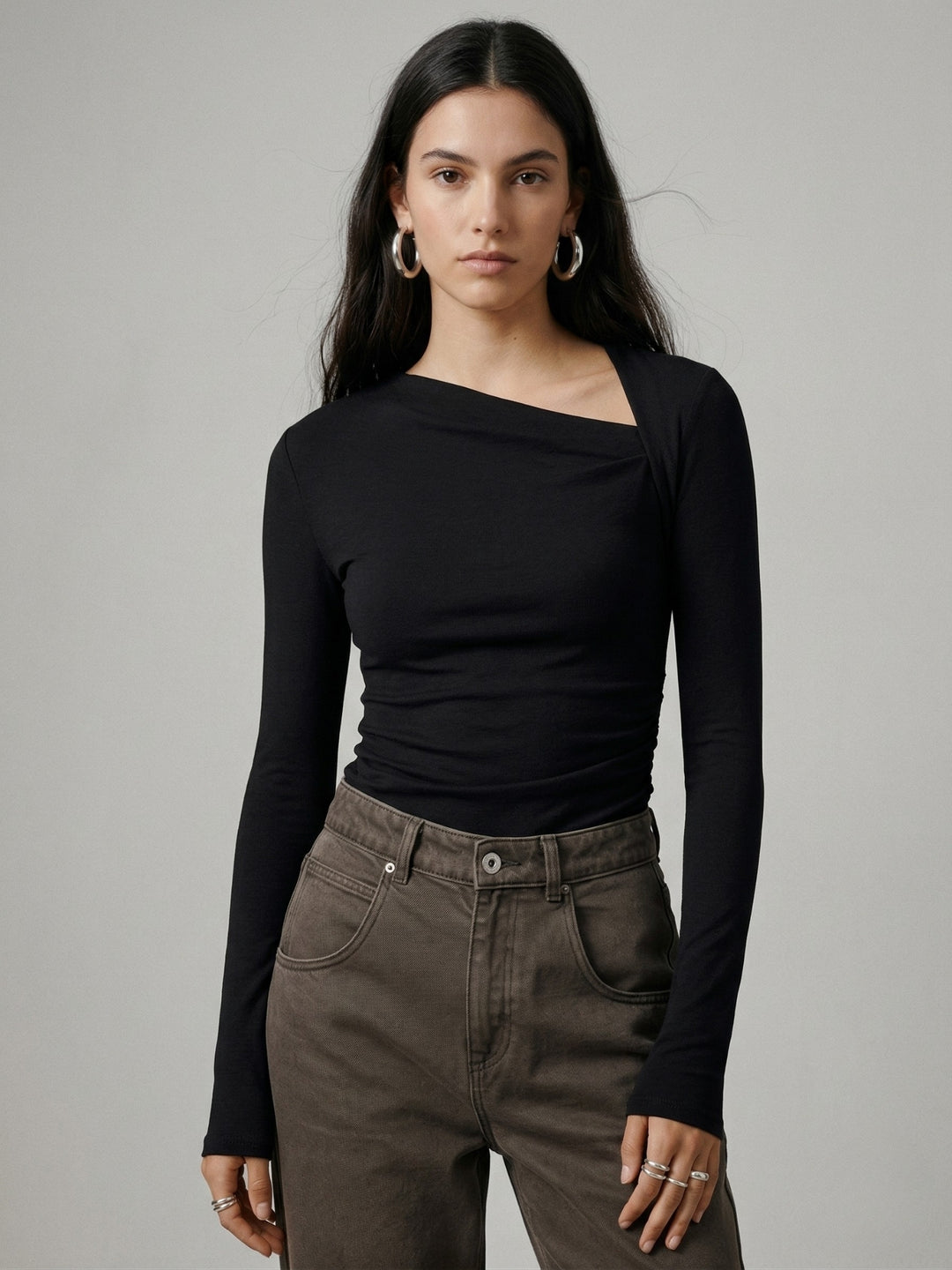 Black Asymmetrical Neck Full Sleeve Top