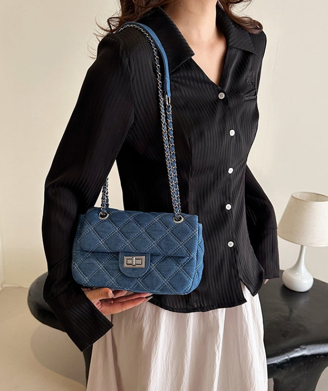 Blue Quilted Denim Chain Flap Bag