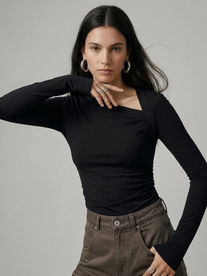 Black Asymmetrical Neck Full Sleeve Top