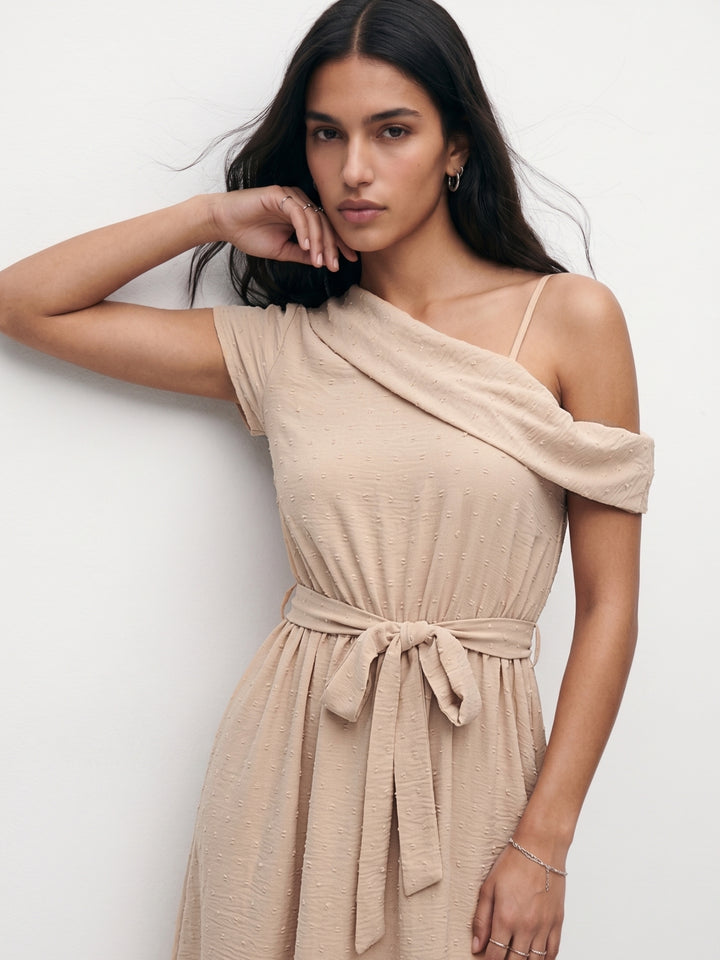 Beige One Shoulder Waist Tie-Up Dress