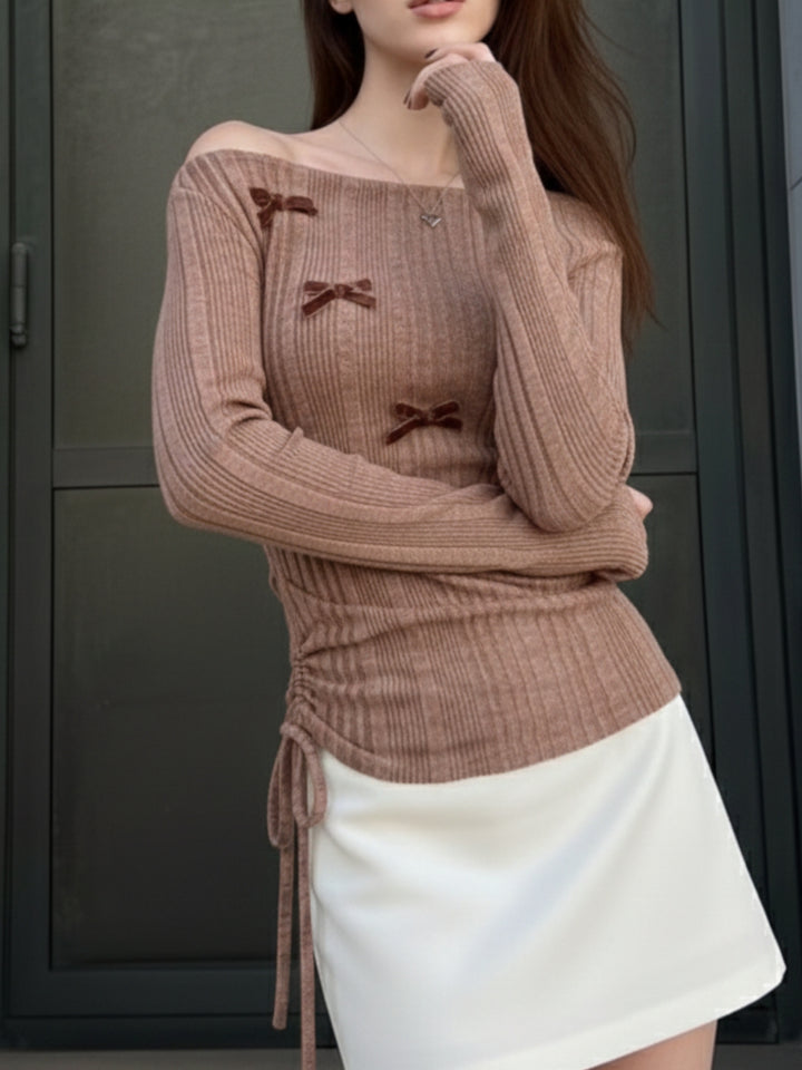 Rust Textured Full Sleeve Bow Detail Top