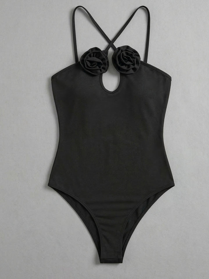 Black Cross Halter Corsage Bodysuits