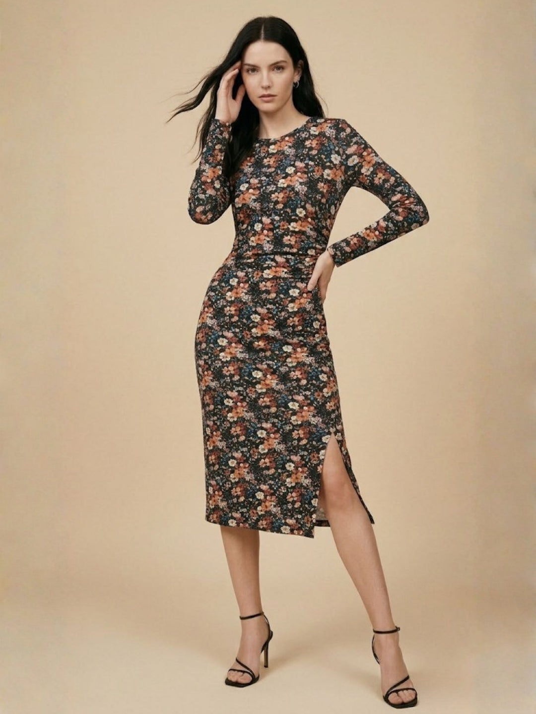 Multi Full Sleeves Crew Neck Floral Printed Dress