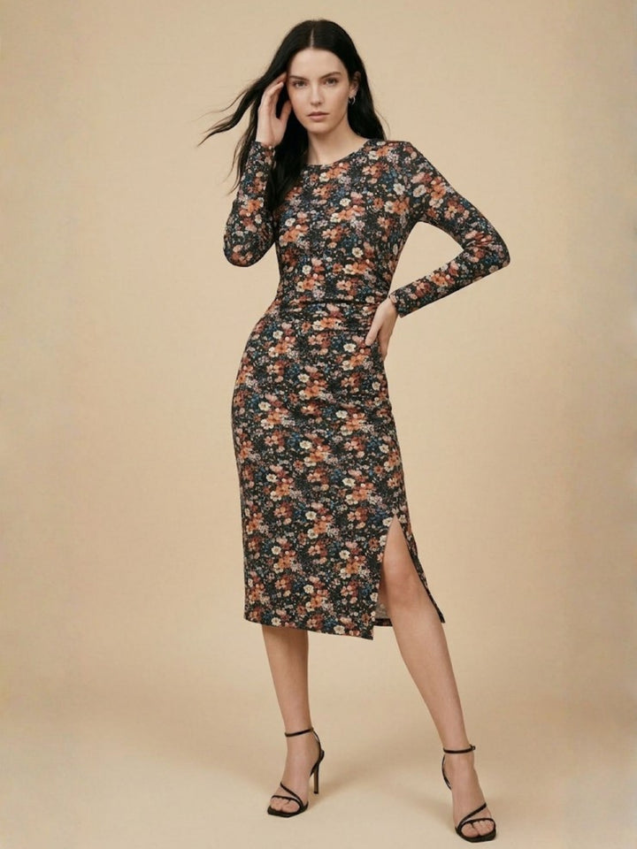 Multi Full Sleeves Crew Neck Floral Printed Dress