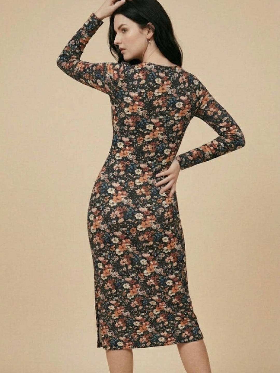 Multi Full Sleeves Crew Neck Floral Printed Dress