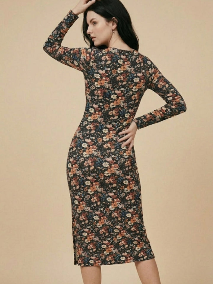 Multi Full Sleeves Crew Neck Floral Printed Dress
