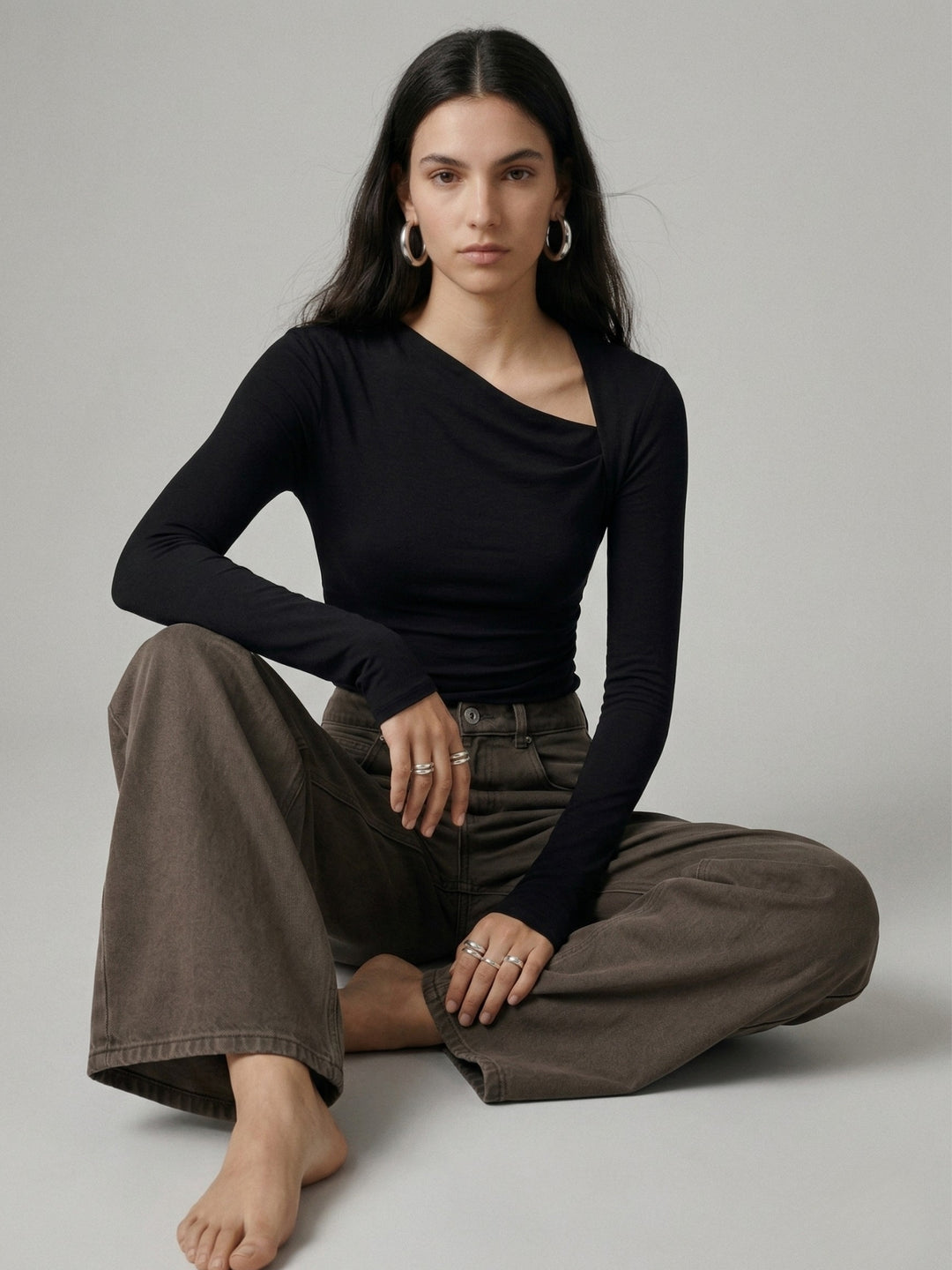 Black Asymmetrical Neck Full Sleeve Top