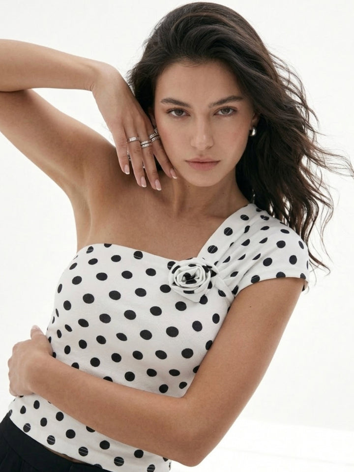 White One Shoulder Floral Polka Top