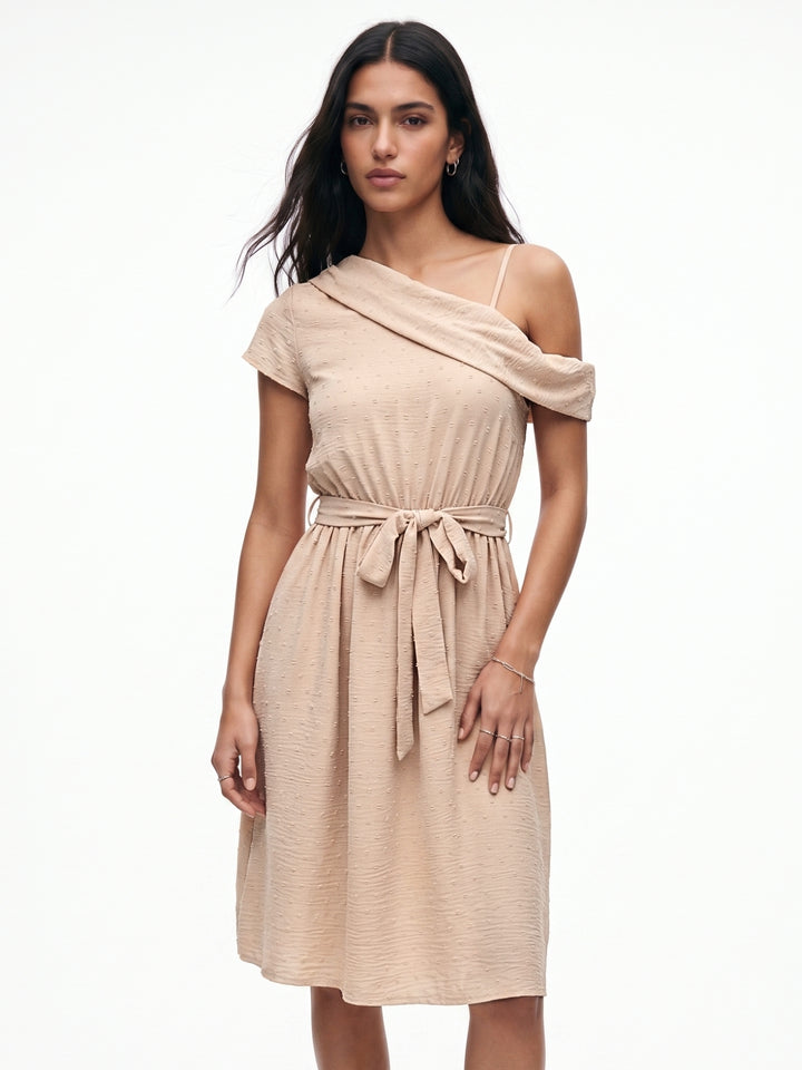 Beige One Shoulder Waist Tie-Up Dress
