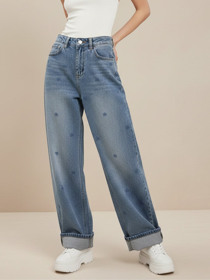 Blue High Waist Embroidered Jeans