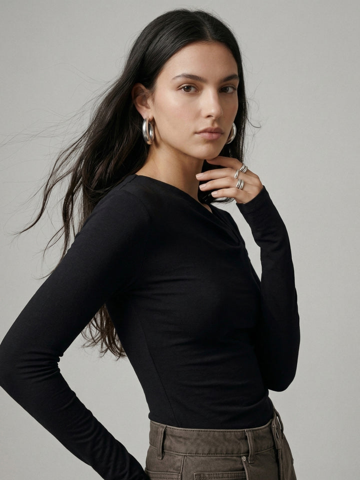Black Asymmetrical Neck Full Sleeve Top