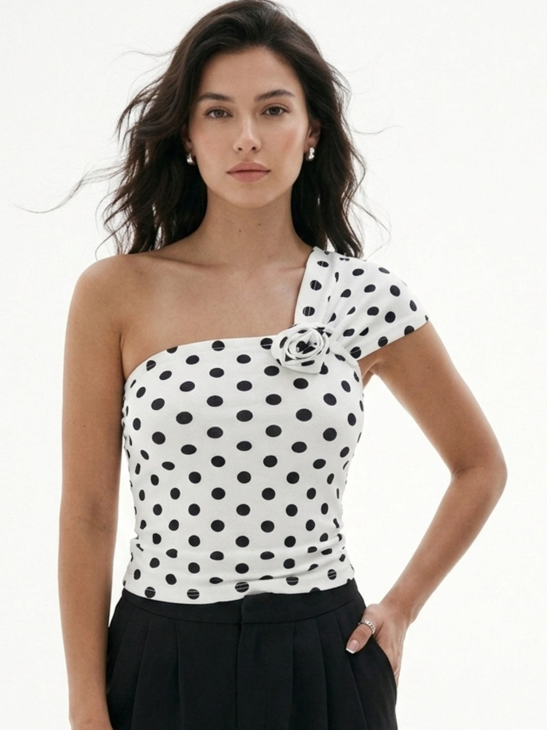 White One Shoulder Floral Polka Top