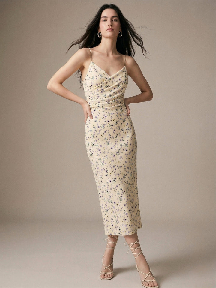 Cream Strappy Printed Wrap Dress