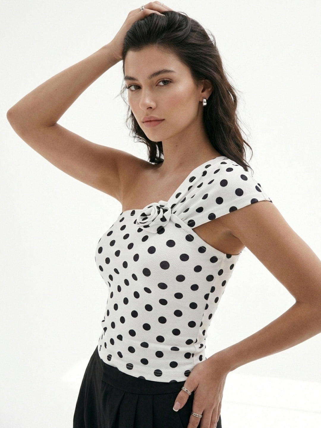 White One Shoulder Floral Polka Top