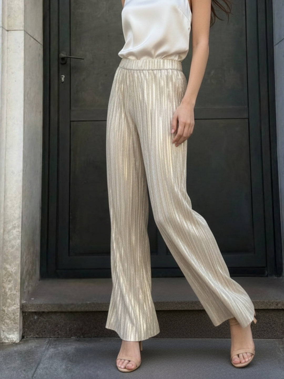 Gold Metallic Texture Wide Leg Pant