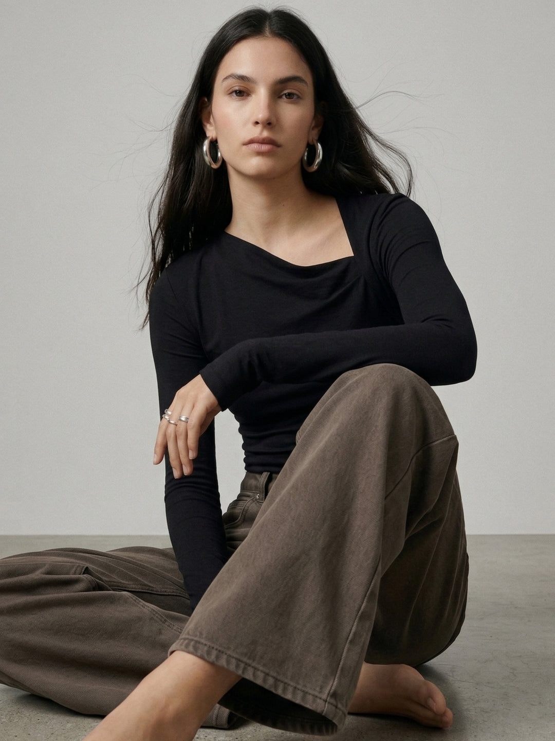 Black Asymmetrical Neck Full Sleeve Top