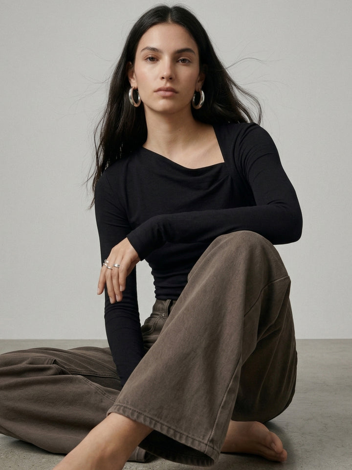 Black Asymmetrical Neck Full Sleeve Top