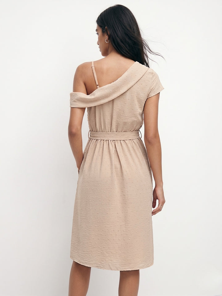 Beige One Shoulder Waist Tie-Up Dress