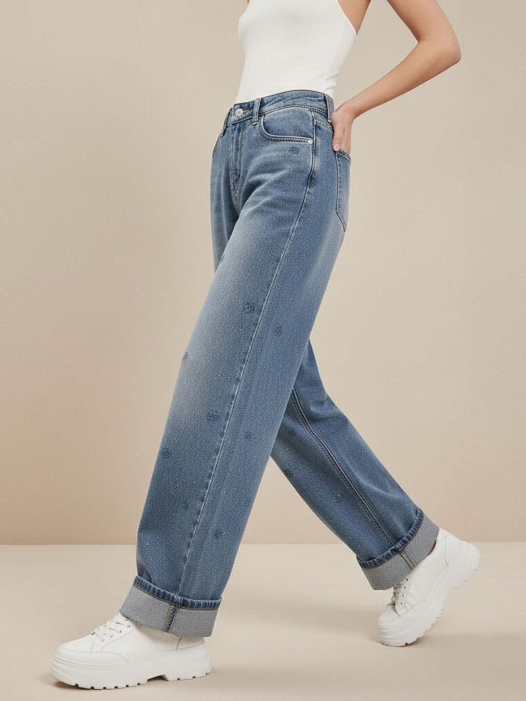 Blue High Waist Embroidered Jeans