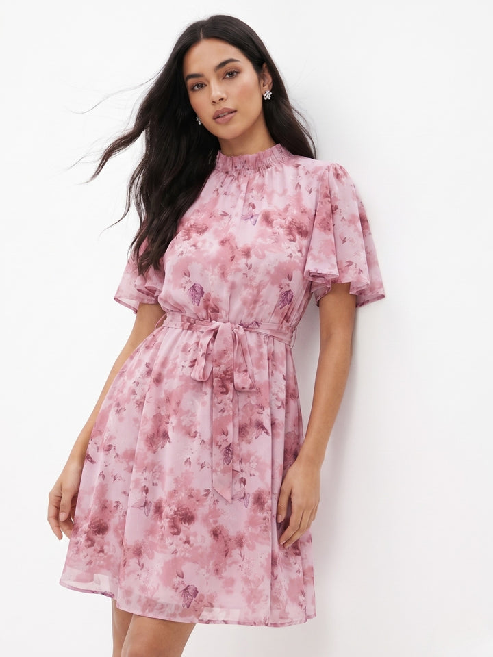 Pink Short Sleeve Mock Neck Printed Dress