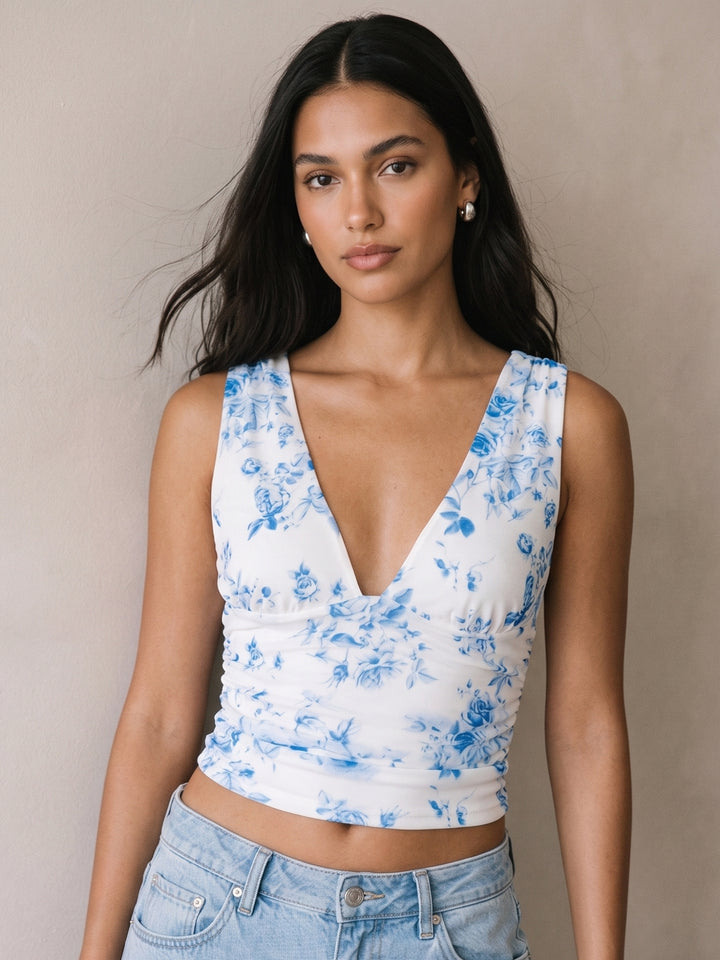 Blue Sleeveless Floral Printed Top