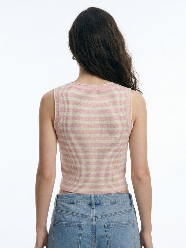 Pink Sleeveless Striped Round Neck Tank