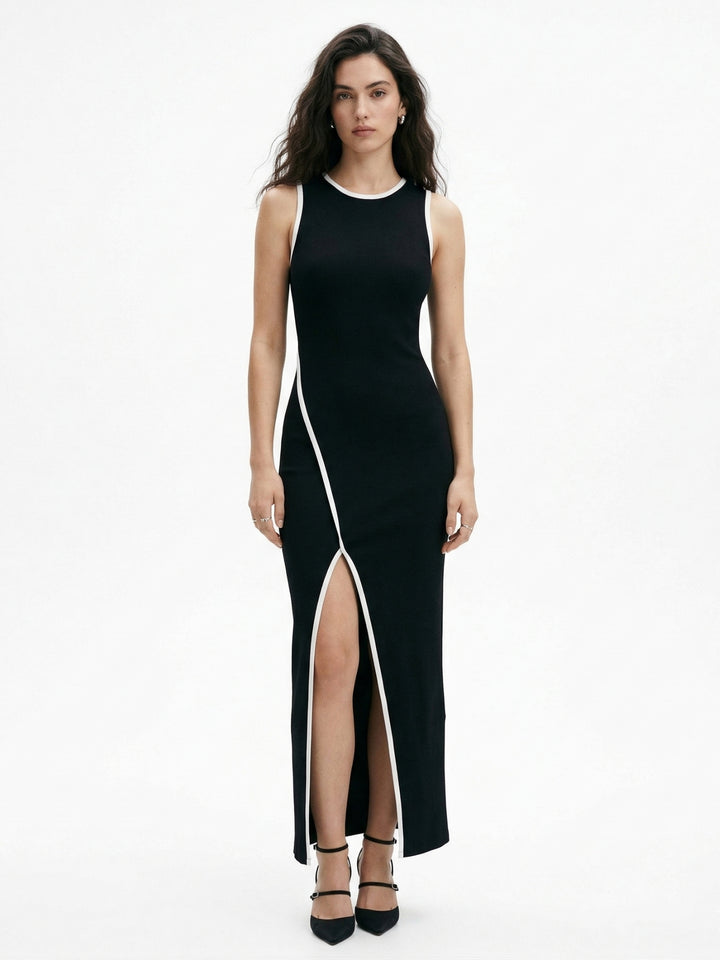 Black Sleeveless Contrast Edge Slit Dress