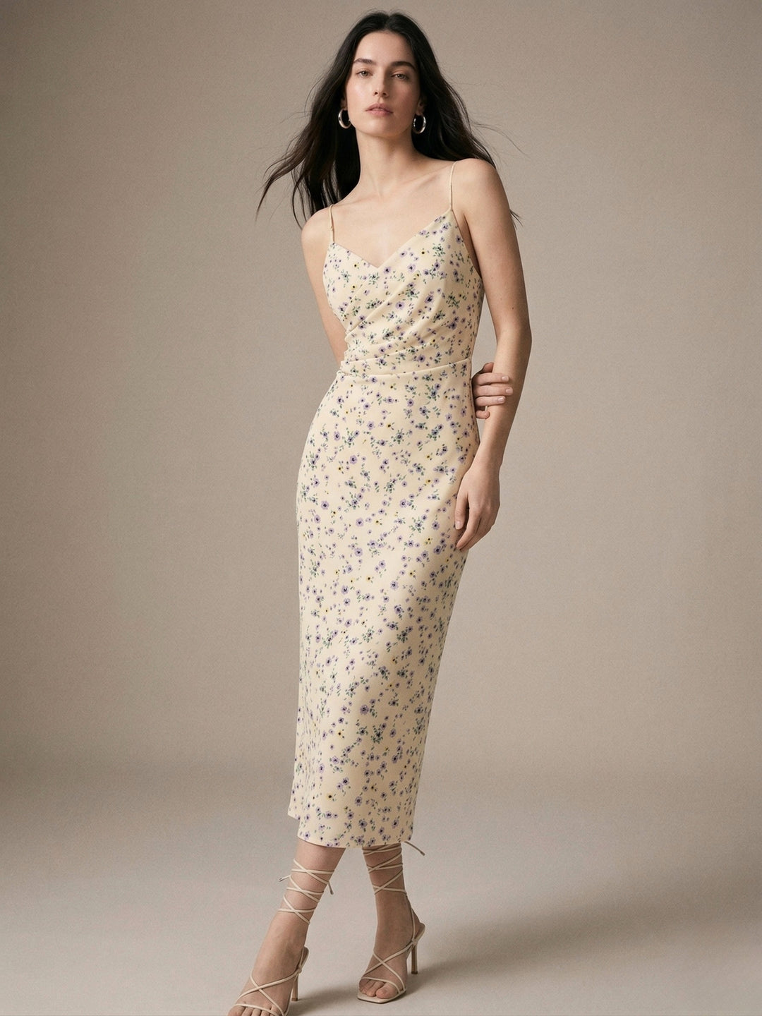 Cream Strappy Printed Wrap Dress