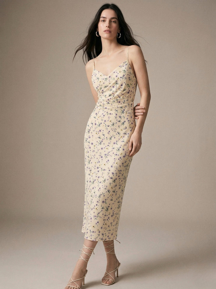 Cream Strappy Printed Wrap Dress