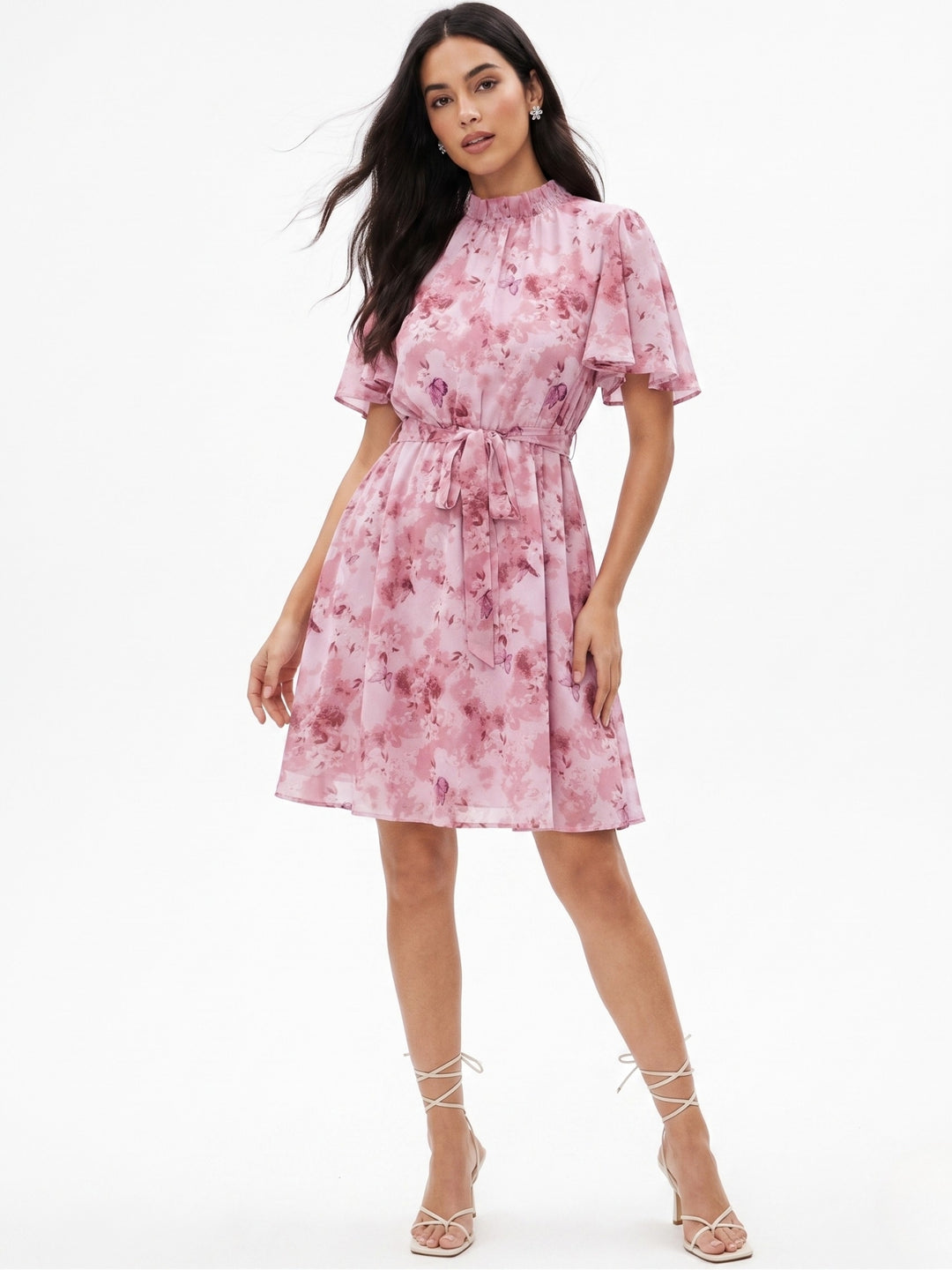 Pink Short Sleeve Mock Neck Printed Dress