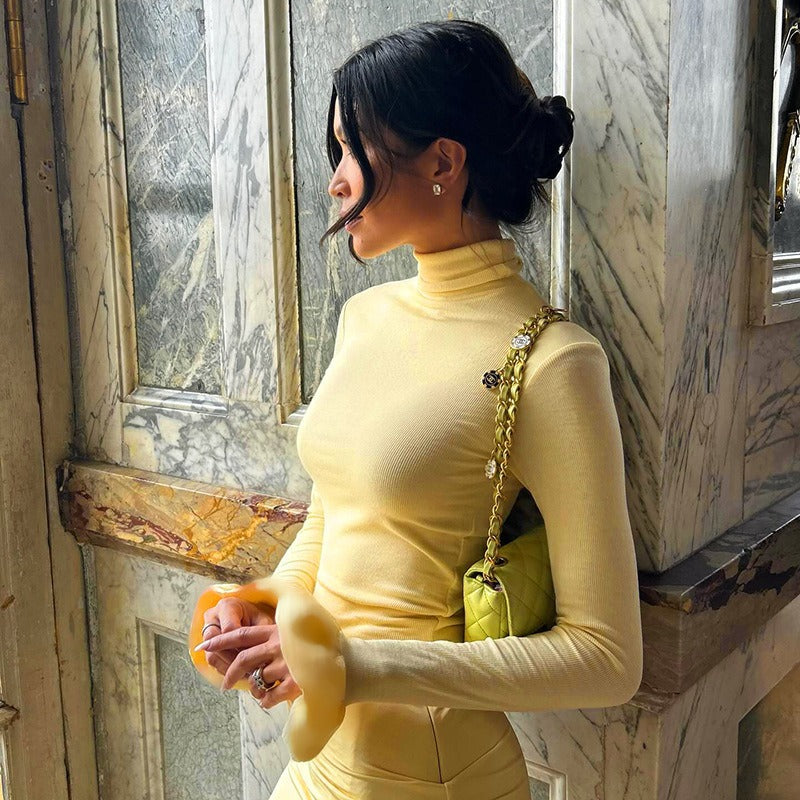 Yellow Turtle Neck Solid Top