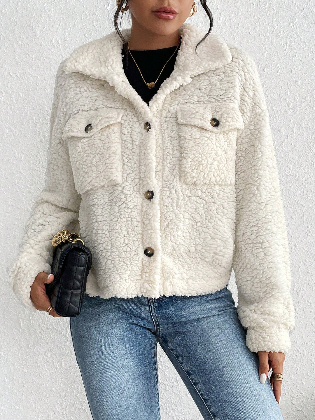 White Full Sleeve Collared Fur Jacket